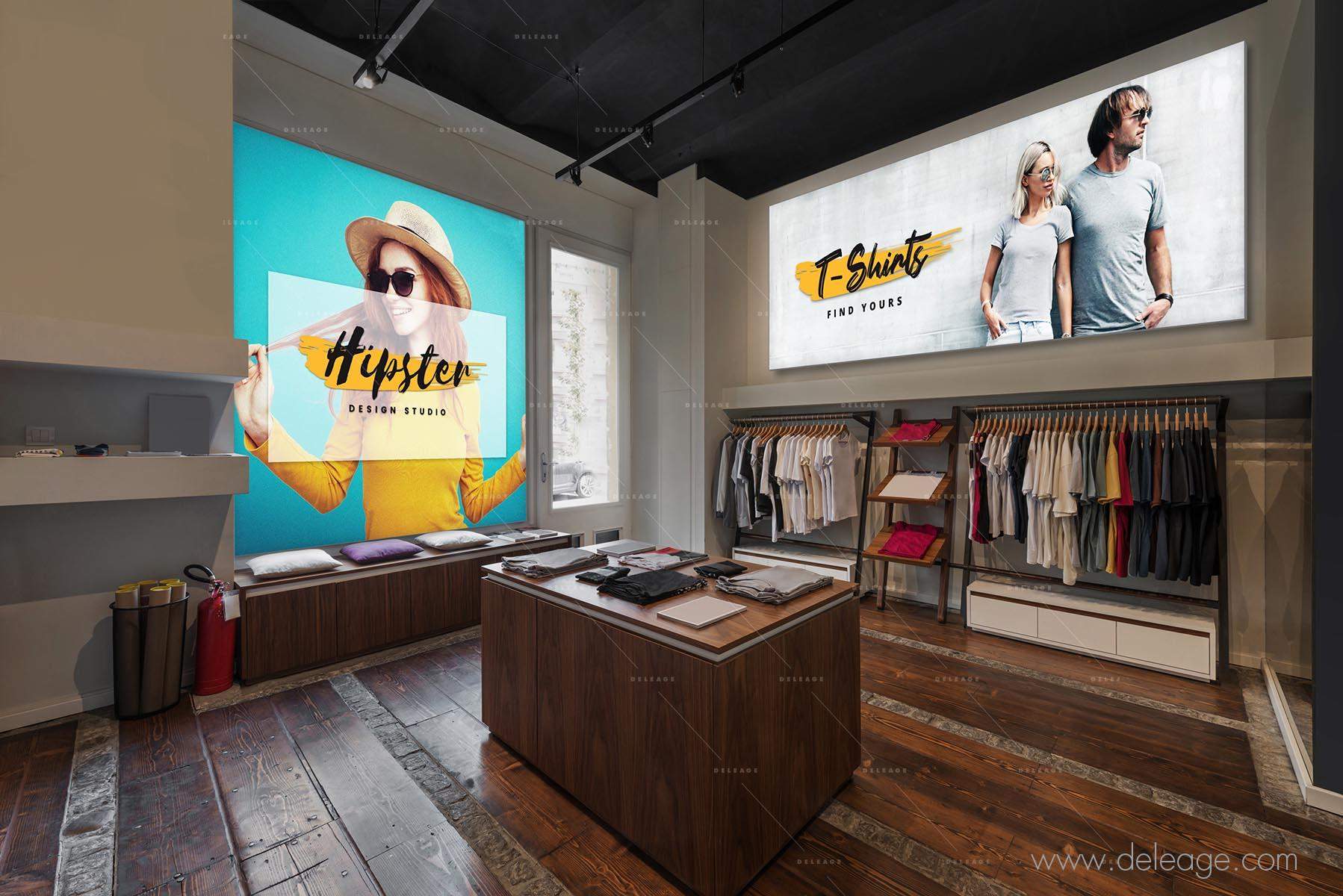 Interior of modern urban fashion clothes t-shirt store Panneau lumineux magasin — Enseigne et décor façade CADRE ISERMATIC LUMINEUX bâche monumentale