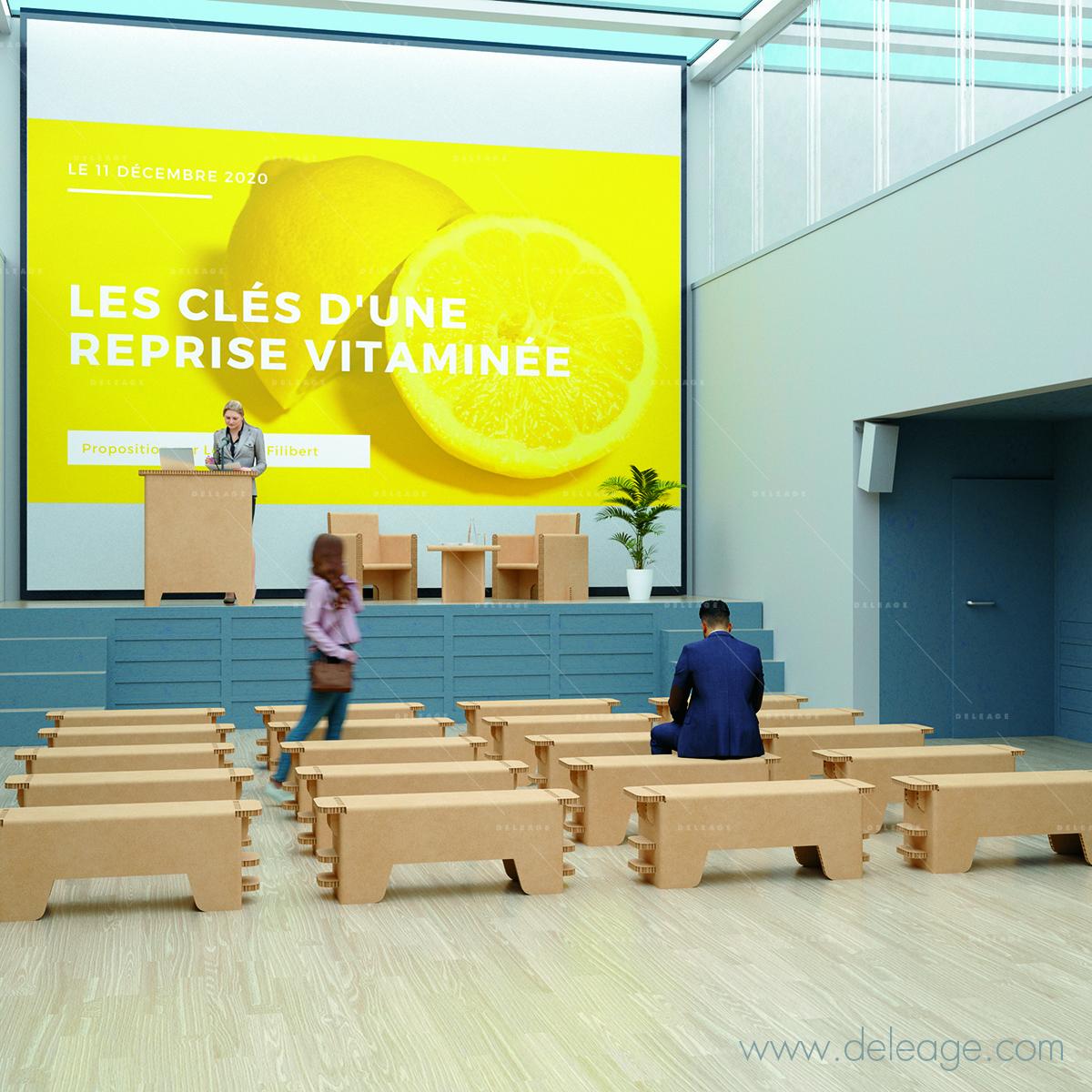 RENDU_SALLE_DE_CONFERENCE_2; PETITCOMPTOIR; FAUTEUIL; MANGEDEB; Mobilier carton — Mobilier en carton TABLE HAUTE mange debout (vue 6)