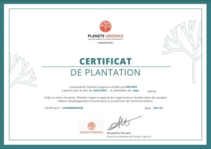 Certificat de plantation d'arbres délivré à Deleage par Planète Urgence