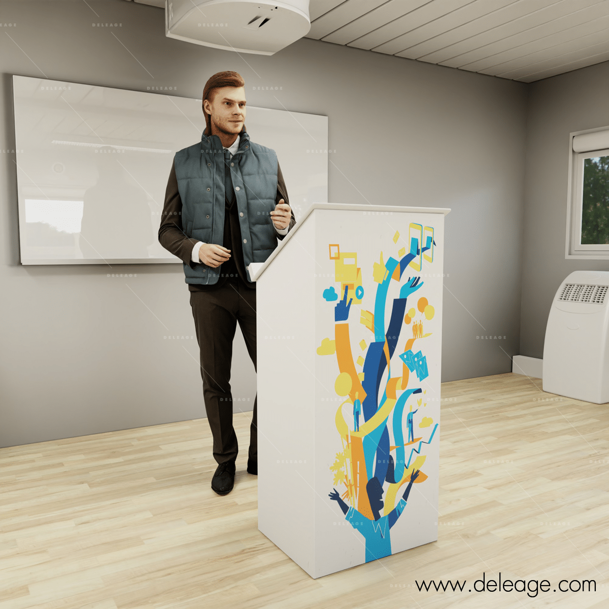 pupitre-T3-50-alu-incline-en-situation Pupitre T3 50 alu incline EN situation — Pupitre de conférence ALUMINIUM T3 personnalisable