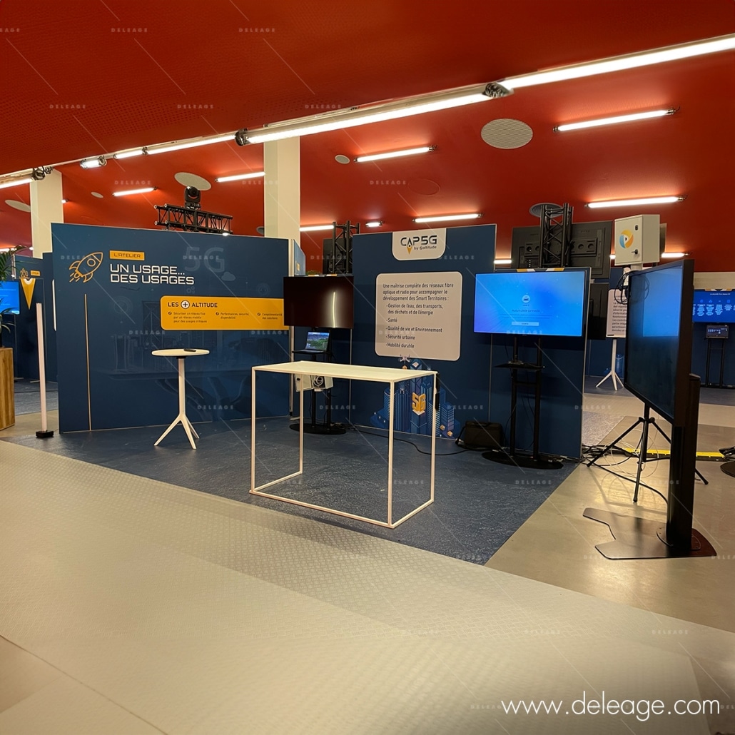 location-stand-avec-comptoir-et-video Location stand avec comptoir et vidéo — INSTALLATION GENERALE du salon CAP 5G à Rouen