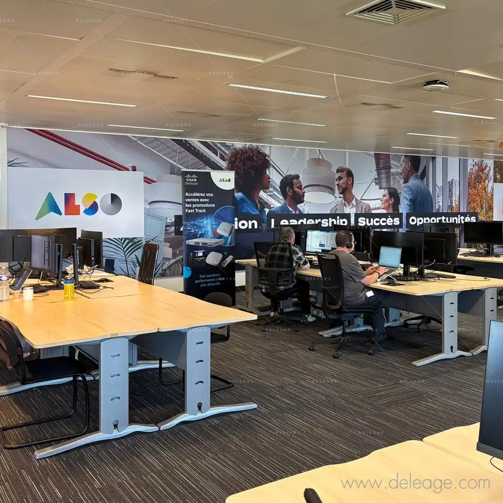 deleage_also_habillage_mural_bureaux_02 Exemple de signalétique intérieure en entreprise avec l’habillage mural réalisé par Deleage dans les bureaux d’Also France