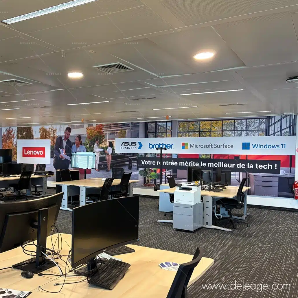 deleage_also_habillage_mural_lenovo_partner_04 Habillage mural imprimé posé par Deleage pour la zone de travail d’Also France