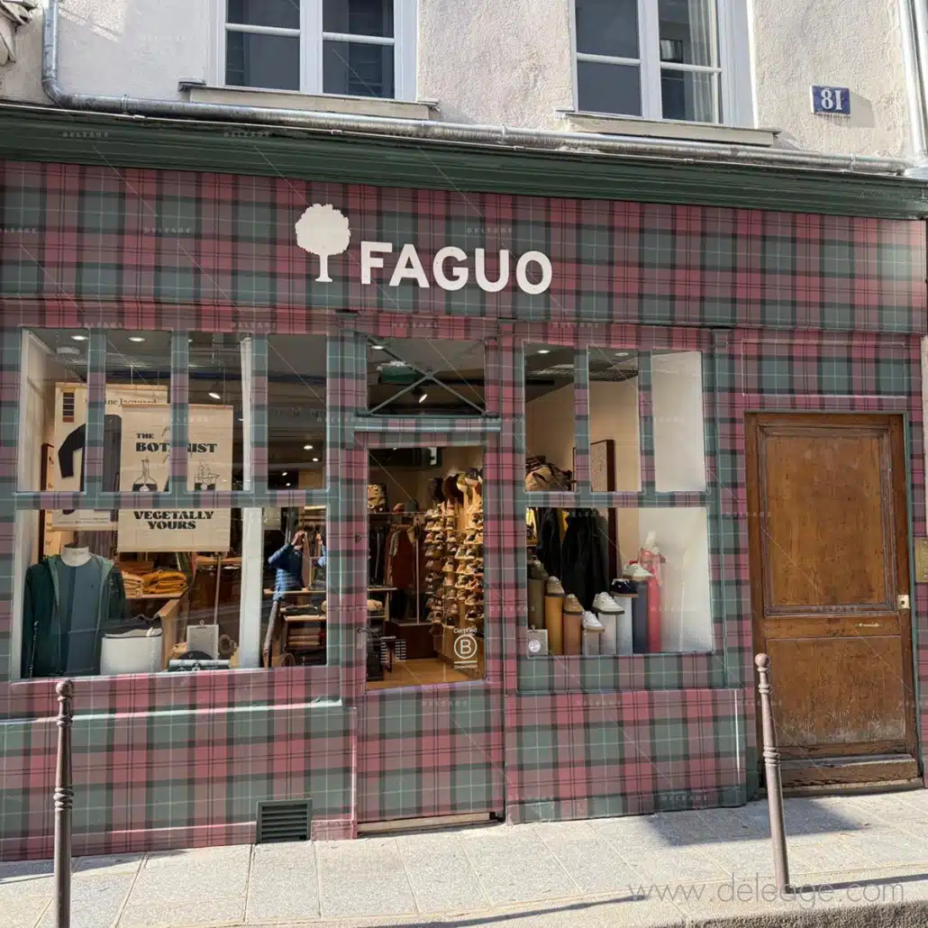 Façade Faguo Le Marais – habillage vitrine tartan Façade avant de la boutique Faguo Le Marais décorée d’un covering tartan sur menuiseries et vitrine.