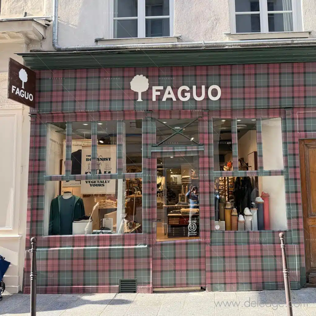 Habillage de vitrine Faguo Le Marais – covering tartan Façade de la boutique Faguo Le Marais habillée en covering tartan, habillage de vitrine sur moulures bois.