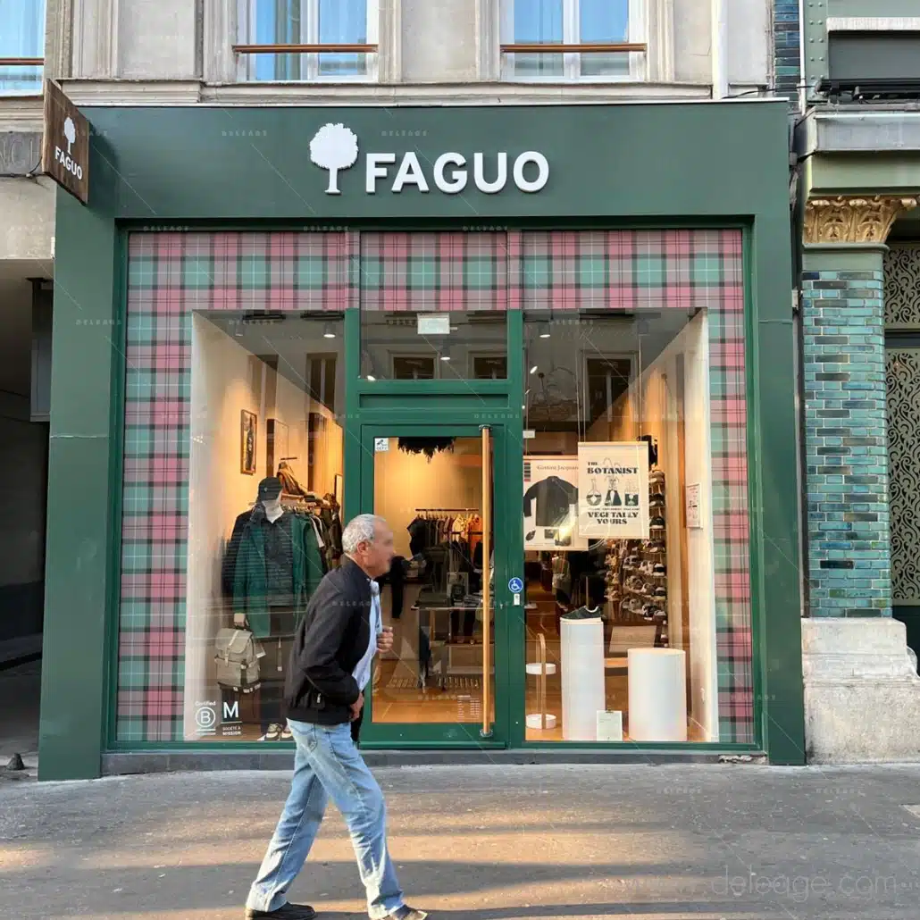 Vitrophanie tartan Faguo Faubourg Saint-Antoine Vue de la vitrine tartan Faguo Faubourg Saint-Antoine animée en vitrophanie décorative.
